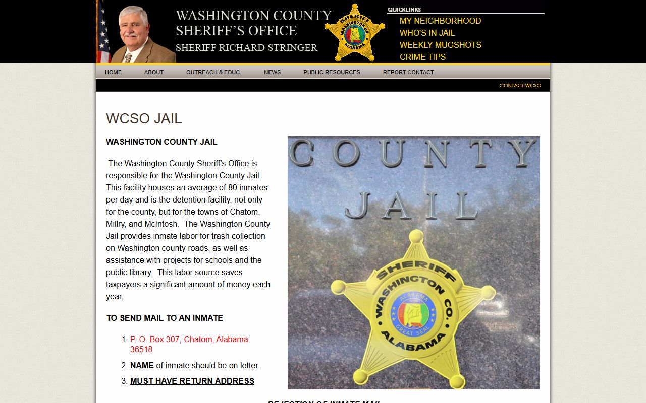 Washington County Sheriff's Office jail page with mail visitation and bond rules